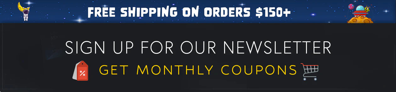 Promotional banner with marble background and gold accents reading ‘Free shipping on orders $100+’ and ‘Sign up for our newsletter’